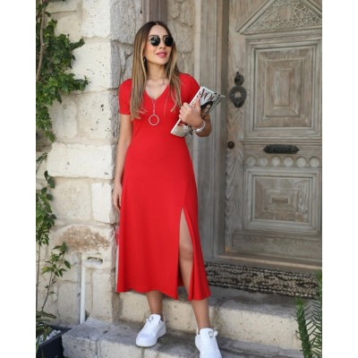 Kadın Kısa Kollu V Yaka Maxi Boy Elbise 124 Cm Kadın Kısa Kollu V Yaka Maxi Boy Elbise 124 Cm