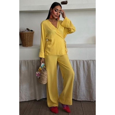 Kruvaze Model Klasik Pantolonlu Çupra Keten Takım 10191 Kruvaze Model Klasik Pantolonlu Çupra Keten Takım 10191
