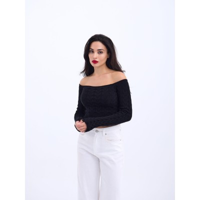 42241 TRİKO KAYIK YAKA CROP-SİYAH 42241 TRİKO KAYIK YAKA CROP-SİYAH