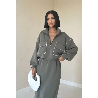 Haki Biyeli Sweatshirt Ve Etek Takım Haki Biyeli Sweatshirt Ve Etek Takım