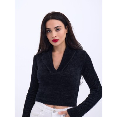 42531 TRİKO SİMLİ YAKALI CROP-SİYAH 42531 TRİKO SİMLİ YAKALI CROP-SİYAH