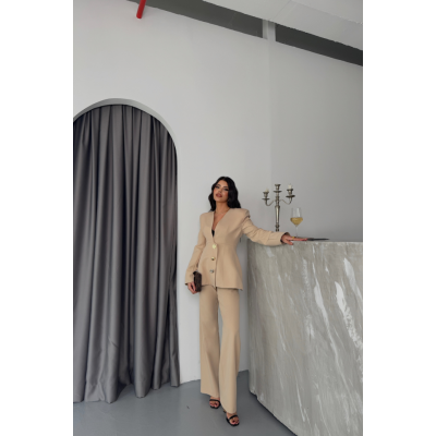 TASARIM CEKET-PANTOLON TAKIM METAL DÜĞME DETAYLI - Bej TASARIM CEKET-PANTOLON TAKIM METAL DÜĞME DETAYLI - Bej