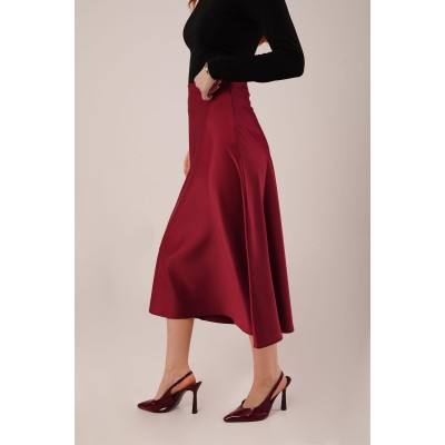 Çan Kesim Midi Bordo Saten Etek Çan Kesim Midi Bordo Saten Etek