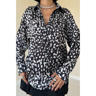 Siyah Leopar Desenli Saten Gömlek Siyah Leopar Desenli Saten Gömlek