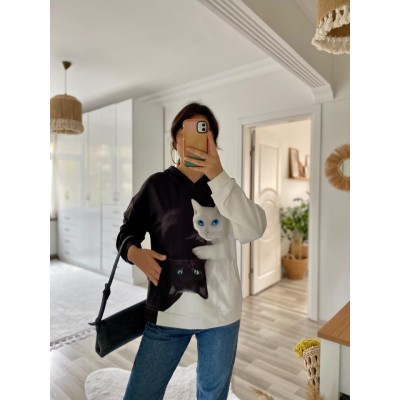 Kadın Uzun Kollu Kapşonlu Bağcıklı Kedi Desenli şardonlu Dalgıç Bluz Kadın Uzun Kollu Kapşonlu Bağcıklı Kedi Desenli şardonlu Dalgıç Bluz