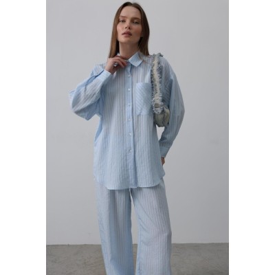 Çizgili Cep Detaylı Oversize Takım - Bebe Mavisi Çizgili Cep Detaylı Oversize Takım - Bebe Mavisi