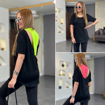 Kadın İki İplik Kumaş Sırt Neon Detay Bluz Kadın İki İplik Kumaş Sırt Neon Detay Bluz