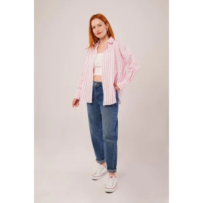 Çizgili Rahat Kesim Pembe Gömlek Çizgili Rahat Kesim Pembe Gömlek