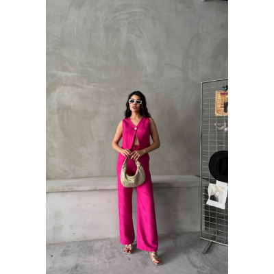 KETEN TEK DÜĞME YELEK-PANTOLON TAKIM - Pembe KETEN TEK DÜĞME YELEK-PANTOLON TAKIM - Pembe
