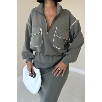 Haki Biyeli Sweatshirt Ve Etek Takım Haki Biyeli Sweatshirt Ve Etek Takım