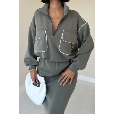 Haki Biyeli Sweatshirt Ve Etek Takım Haki Biyeli Sweatshirt Ve Etek Takım