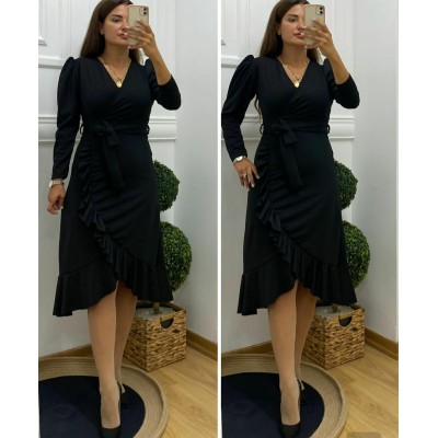 Krep Kumaş Midi Boy Kuşaklı Uzunkol Elbise 113 Cm Krep Kumaş Midi Boy Kuşaklı Uzunkol Elbise 113 Cm