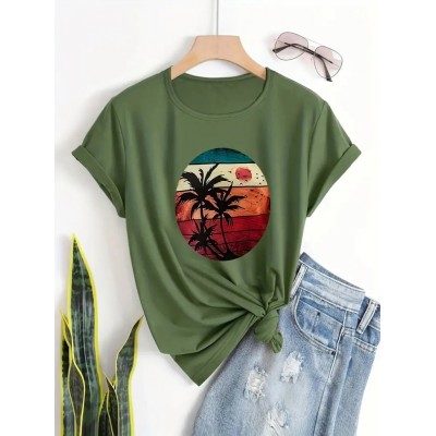 Kadın Kısa Kollu Palmiye Baskılı Viskon T-shirt Kadın Kısa Kollu Palmiye Baskılı Viskon T-shirt