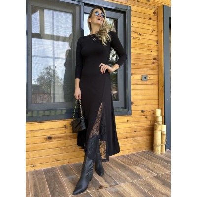 Kadın Uzun Kollu Bisiklet Yaka Sırt Dekolteli Dantel Yırtmaçlı Uzun Krep Elbise Kadın Uzun Kollu Bisiklet Yaka Sırt Dekolteli Dantel Yırtmaçlı Uzun Krep Elbise