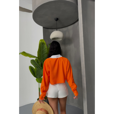 CROP GÖMLEK BEYAZ YAKA VE ETİKET DETAYLI - Orange CROP GÖMLEK BEYAZ YAKA VE ETİKET DETAYLI - Orange