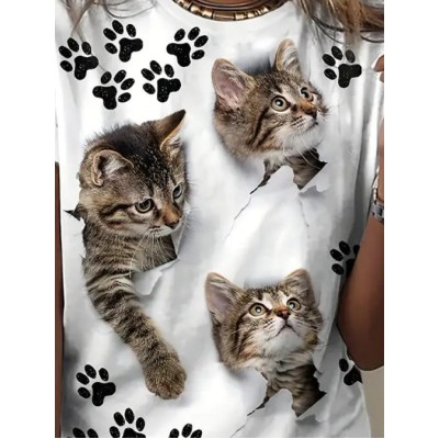 Kadın Kısa Kollu Kedi Ve Pati Baskılı Süprem T-shirt Kadın Kısa Kollu Kedi Ve Pati Baskılı Süprem T-shirt