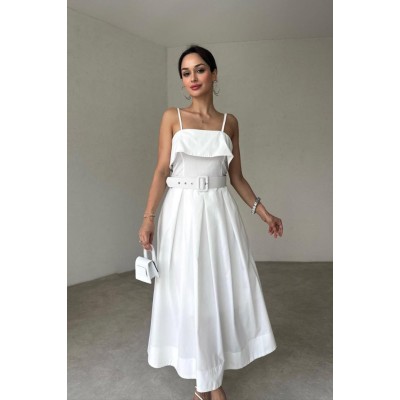 Beyaz Beli Kemerli Pileli Elbise Beyaz Beli Kemerli Pileli Elbise