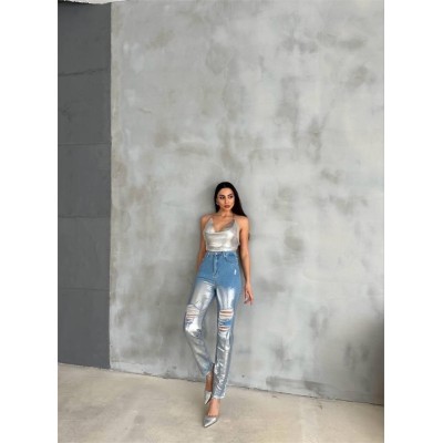 DİZ YIRTIK VARAKLI MOM KOT PANTOLON - Gümüş DİZ YIRTIK VARAKLI MOM KOT PANTOLON - Gümüş