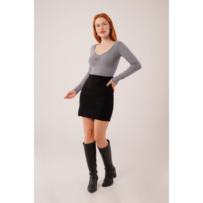 Geniş Yaka Gri Basic Body Bluz Geniş Yaka Gri Basic Body Bluz