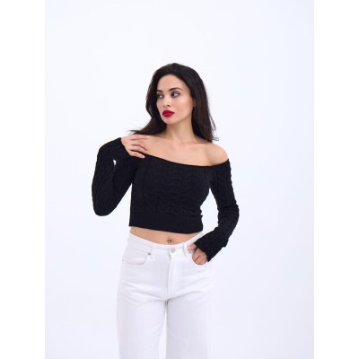 42241 TRİKO KAYIK YAKA CROP-SİYAH 42241 TRİKO KAYIK YAKA CROP-SİYAH