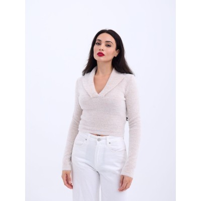 42531 TRİKO SİMLİ YAKALI CROP-EKRU 42531 TRİKO SİMLİ YAKALI CROP-EKRU