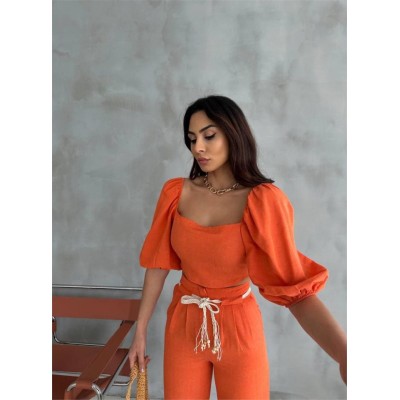 KETEN CROP KARPUZ KOL BLUZ-PANTOLON HASIR KEMERLİ - Orange KETEN CROP KARPUZ KOL BLUZ-PANTOLON HASIR KEMERLİ - Orange
