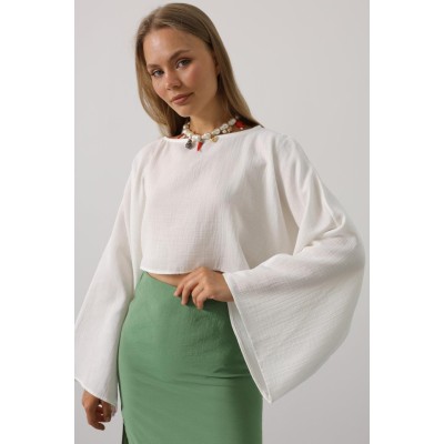 YARASA KOLLU CROP BLUZ - Beyaz YARASA KOLLU CROP BLUZ - Beyaz