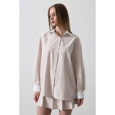 Çizgili Oversize Gömlek - Bej Çizgili Oversize Gömlek - Bej