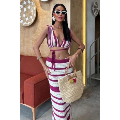 Çizgili Bikini Üst Ve Etek Triko Takım 10110 Çizgili Bikini Üst Ve Etek Triko Takım 10110