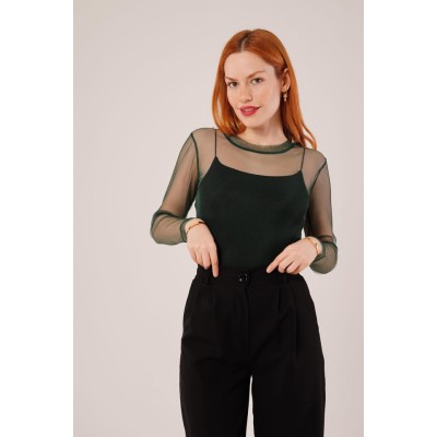 Transparan Yeşil Tül Basic Bluz Transparan Yeşil Tül Basic Bluz