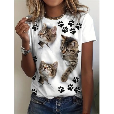 Kadın Kısa Kollu Kedi Ve Pati Baskılı Süprem T-shirt Kadın Kısa Kollu Kedi Ve Pati Baskılı Süprem T-shirt