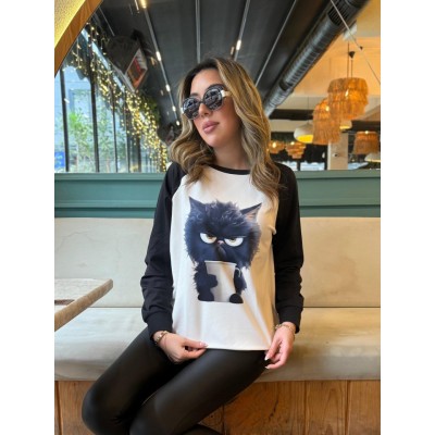 Kadın Uzun Kollu Bisiklet Yaka Kedi Baskılı şardonlu Dalgıç Bluz Kadın Uzun Kollu Bisiklet Yaka Kedi Baskılı şardonlu Dalgıç Bluz