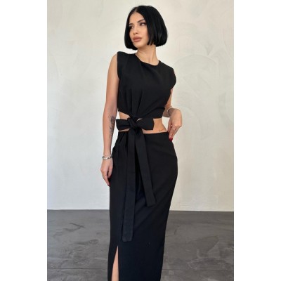 Siyah Kuşaklı Crop Ve Etek Takım Siyah Kuşaklı Crop Ve Etek Takım