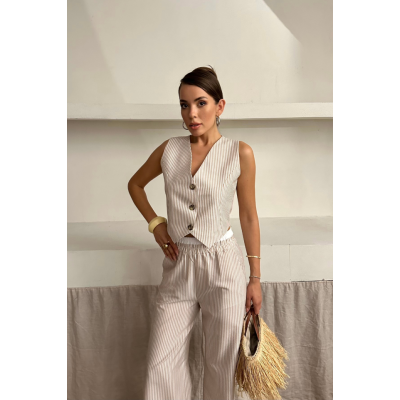 GOFRE ÇİZGİLİ YELEK - PANTOLON TAKIM - Bej GOFRE ÇİZGİLİ YELEK - PANTOLON TAKIM - Bej