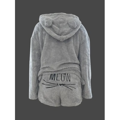 Kadın Uzun Kollu Meow Kedi Nakışlı Kapşonlu Peluş Sweat Ve Short Ikili Takım Kadın Uzun Kollu Meow Kedi Nakışlı Kapşonlu Peluş Sweat Ve Short Ikili Takım