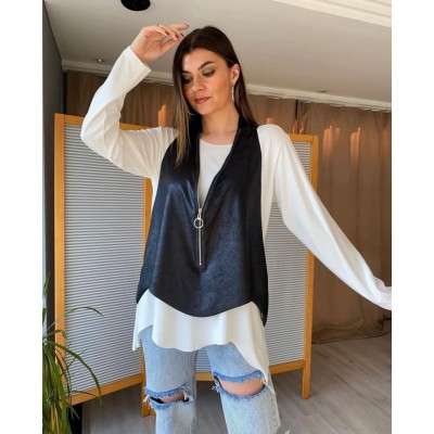 Kadın Uzun Kol Asimetrik Kesim Viskon Bluz Ve çatlak Deri Görünümlü Fermuar Detaylı Yelek Ikili Takım Kadın Uzun Kol Asimetrik Kesim Viskon Bluz Ve çatlak Deri Görünümlü Fermuar Detaylı Yelek Ikili Takım