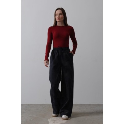 Beli Lastikli Bol Paça Pantolon - Lacivert-Beyaz Beli Lastikli Bol Paça Pantolon - Lacivert-Beyaz