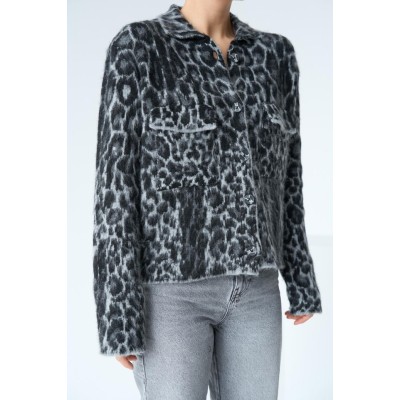 Leopar Desen Jakarlı Hırka - Siyah-Açık Gri Leopar Desen Jakarlı Hırka - Siyah-Açık Gri