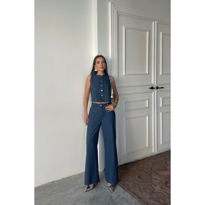 TENCEL KOLSUZ GÖMLEK - PANTOLON TAKIM - İndigo TENCEL KOLSUZ GÖMLEK - PANTOLON TAKIM - İndigo