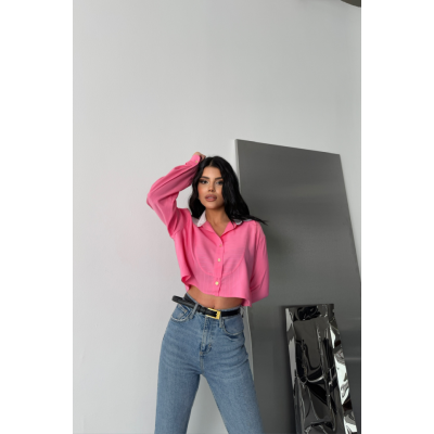 CROP GÖMLEK BEYAZ YAKA VE ETİKET DETAYLI - Pembe CROP GÖMLEK BEYAZ YAKA VE ETİKET DETAYLI - Pembe