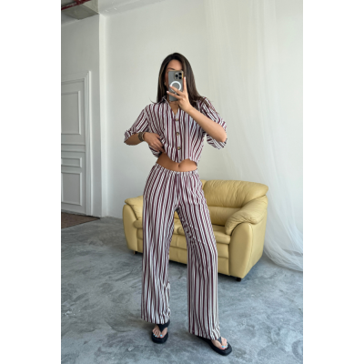 ÇİZGİLİ CROP GÖMLEK - SALAŞ PANTOLON TAKIM MODAL - Bordo ÇİZGİLİ CROP GÖMLEK - SALAŞ PANTOLON TAKIM MODAL - Bordo