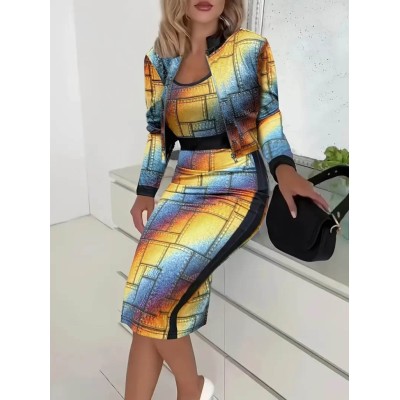 Kadın Uzun Kollu Askılı Yuvarlak Yaka Desenli Dalgıç Bluz Ceket Ve Etek üçlü Takım Kadın Uzun Kollu Askılı Yuvarlak Yaka Desenli Dalgıç Bluz Ceket Ve Etek üçlü Takım