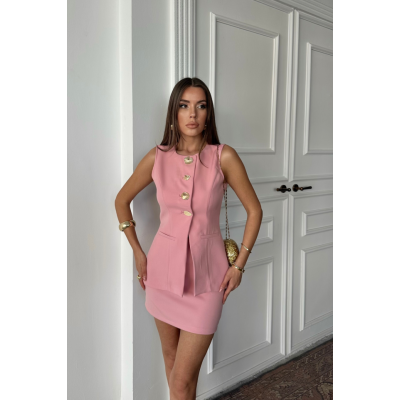 KLASİK GOLD DÜĞMELİ YELEK - KISA ETEK TAKIM - Pembe KLASİK GOLD DÜĞMELİ YELEK - KISA ETEK TAKIM - Pembe