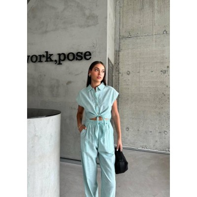 ÇİZGİLİ KETEN KOLSUZ CROP PANTOLON TAKIM - Yeşil ÇİZGİLİ KETEN KOLSUZ CROP PANTOLON TAKIM - Yeşil