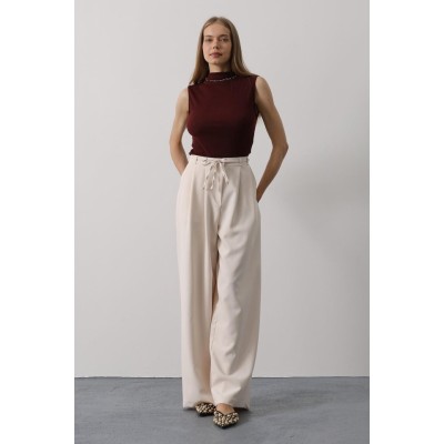 Pileli Bağcıklı Oversize Pantolon - Bej Pileli Bağcıklı Oversize Pantolon - Bej