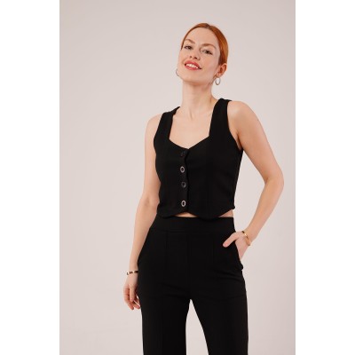 Kalın Askılı Düğmeli Yelek Ve Pantolon Siyah Takım Kalın Askılı Düğmeli Yelek Ve Pantolon Siyah Takım