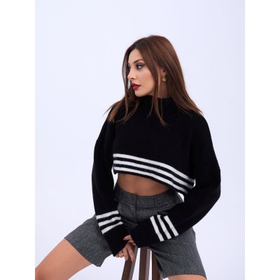 43241 TRİKO ÇİZGİLİ BALIKÇI CROP-SİYAH-EKRU 43241 TRİKO ÇİZGİLİ BALIKÇI CROP-SİYAH-EKRU