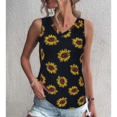 Kadın V Yaka Kolsuz Ayçiçeği Desen Krep Bluz Kadın V Yaka Kolsuz Ayçiçeği Desen Krep Bluz