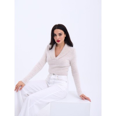 42531 TRİKO SİMLİ YAKALI CROP-EKRU 42531 TRİKO SİMLİ YAKALI CROP-EKRU