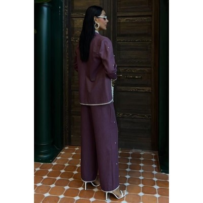 İnci Detaylı Ceket Pantolon Keten Takım 10124 İnci Detaylı Ceket Pantolon Keten Takım 10124